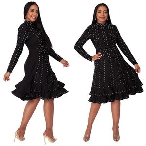 BLACK KNIT STUDDED DRESS WITH RUFFLE HEM - Sz 1X/16